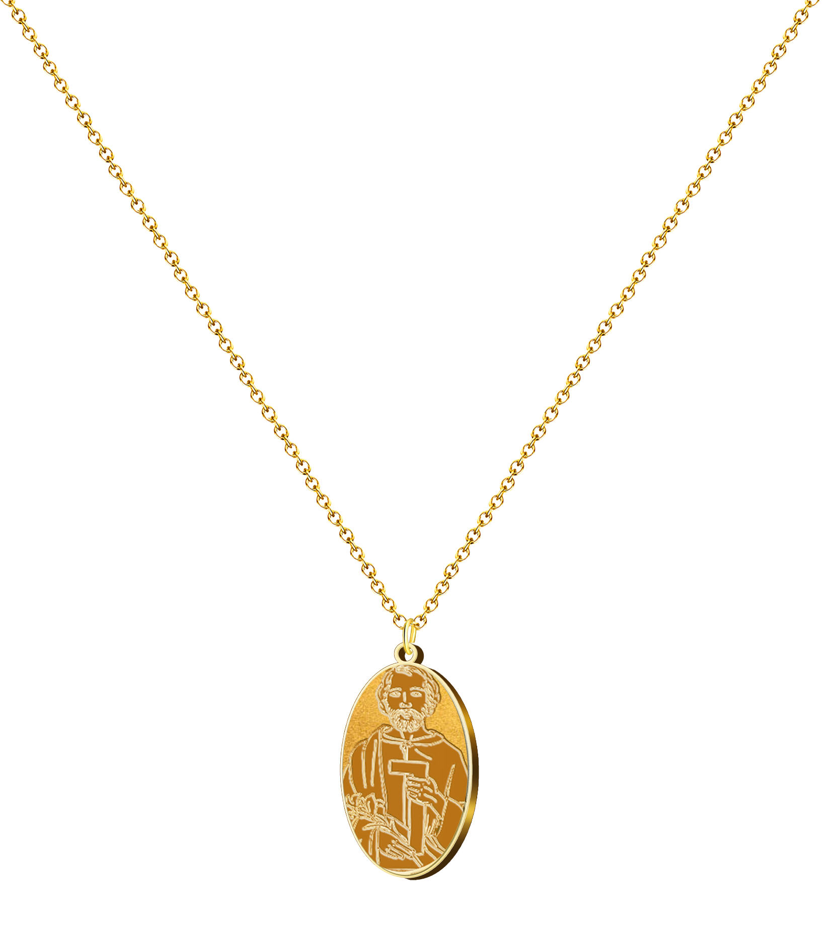 Colgante con medalla ovalada de San José Obrero en acero inoxidable, disponible en acabado dorado, mostrando al santo grabado con una escuadra de carpintero y un lirio.