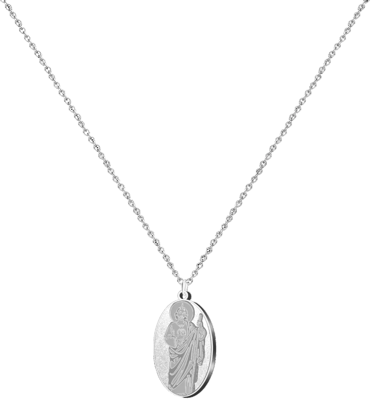 Colgante religioso con medalla ovalada de San Judas Tadeo en acero inoxidable plateado, mostrando al santo con su bastón y la imagen de Jesús en el pecho.