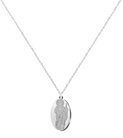 Colgante religioso con medalla ovalada de San Judas Tadeo en acero inoxidable plateado, mostrando al santo con su bastón y la imagen de Jesús en el pecho.