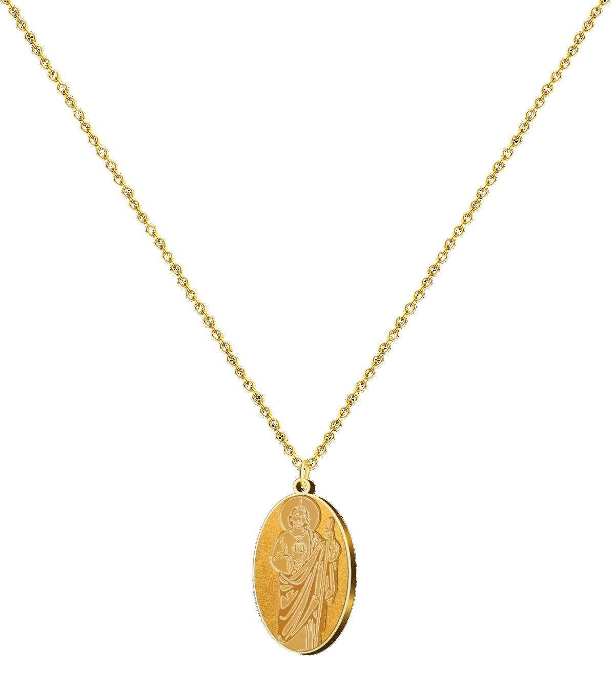 Colgante religioso con medalla ovalada de San Judas Tadeo en acero inoxidable con acabado dorado, mostrando al santo con el bastón y la imagen de Jesús en el pecho.