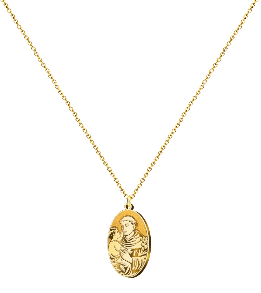 Colgante de medalla de San Antonio de Padua en acero inoxidable, diseño ovalado con imagen del Santo y el Niño Jesús, disponible en acabado dorado y plateado.