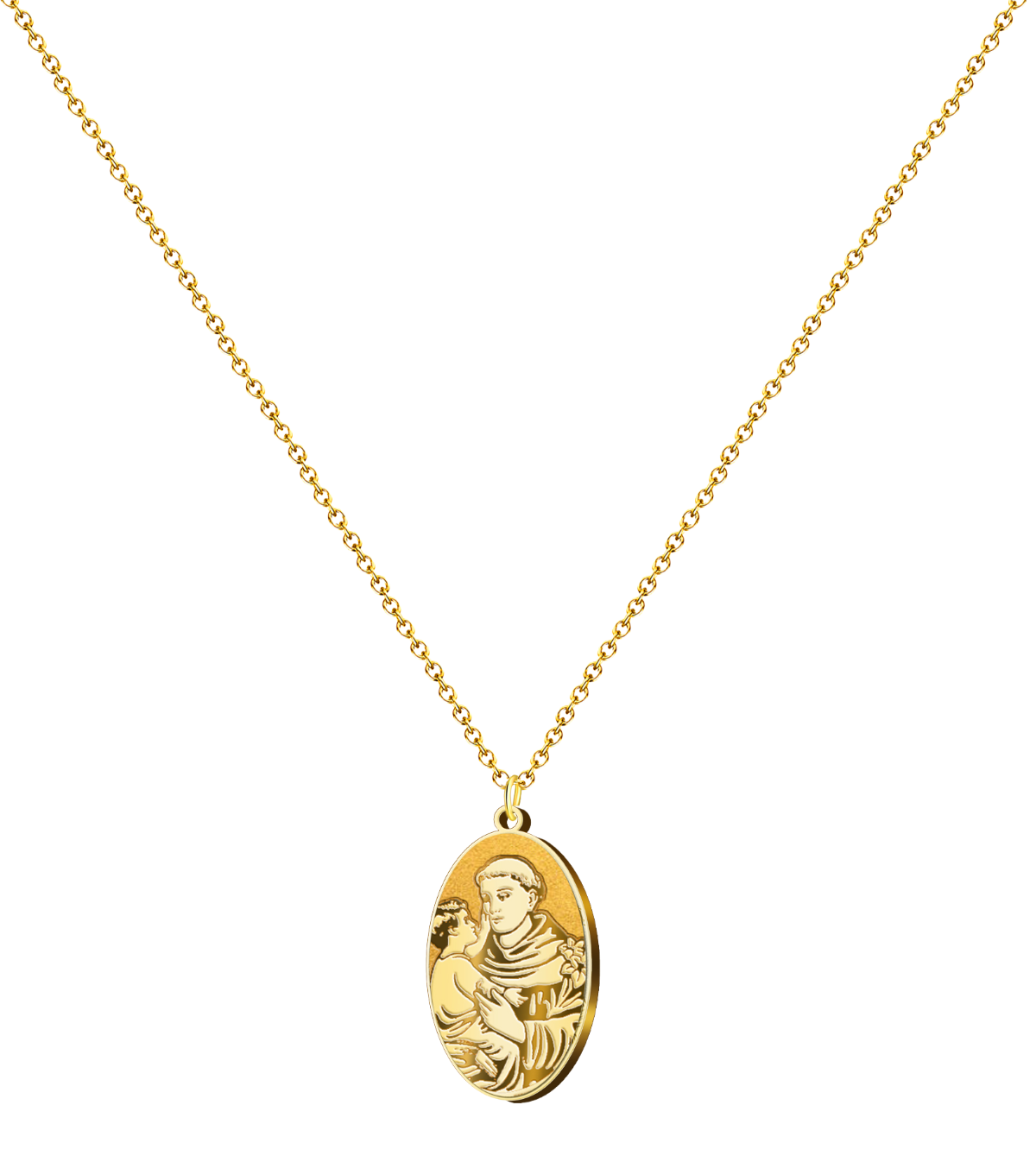 Colgante de medalla de San Antonio de Padua en acero inoxidable, diseño ovalado con imagen del Santo y el Niño Jesús, disponible en acabado dorado y plateado.