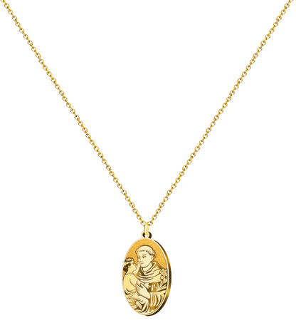 Colgante de medalla de San Antonio de Padua en acero inoxidable, diseño ovalado con imagen del Santo y el Niño Jesús, disponible en acabado dorado y plateado.