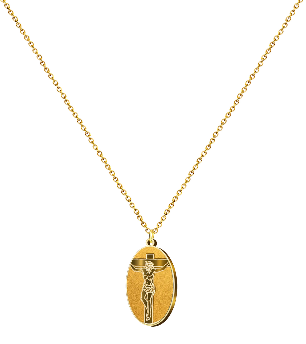 Collar dorado con medalla ovalada de Jesús crucificado