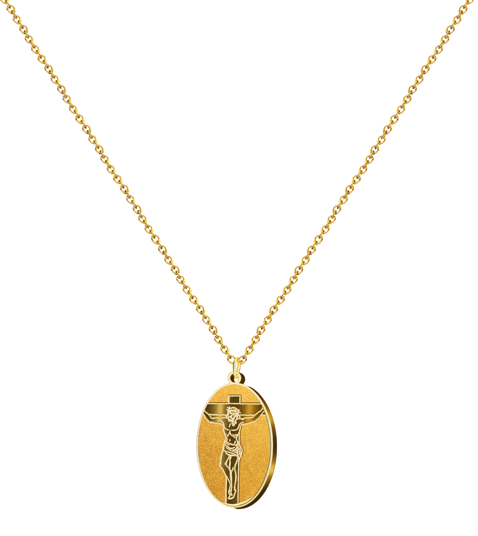 Collar dorado con medalla ovalada de Jesús crucificado