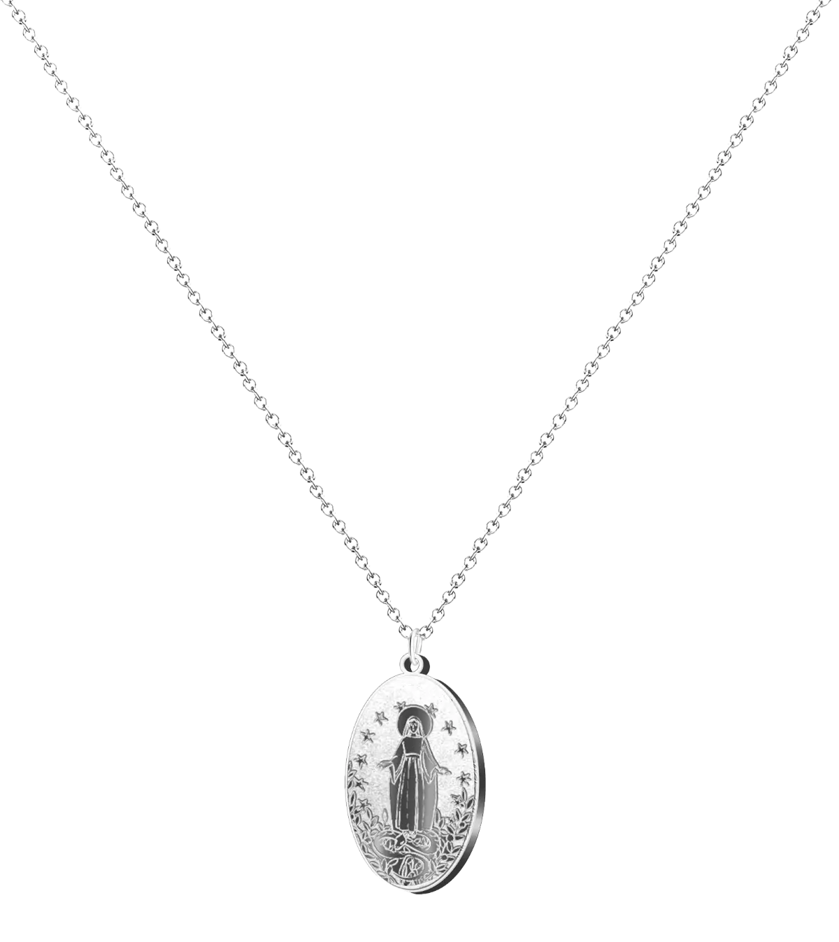 Collar con colgante medalla Virgen de Fátima y Milagrosa acero inoxidable plateado cadena de eslabones regalo religioso mujer