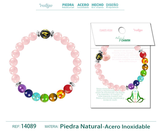 Pulsera 7 Chakras de Piedra natural Cuarzo rosa