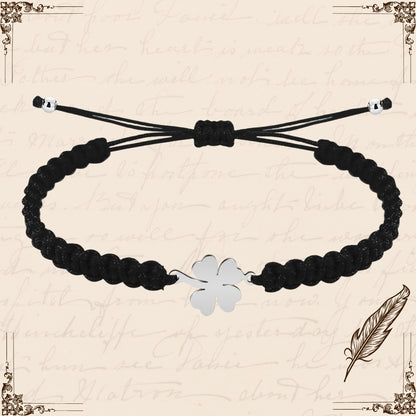 Pulsera Hilo Destino Negro-Trebol cuatro Hojas Plateado