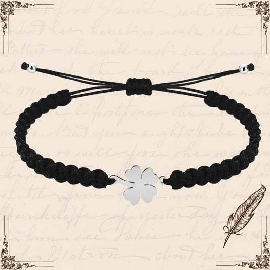 Pulsera Hilo Destino Negro-Trebol cuatro Hojas Plateado