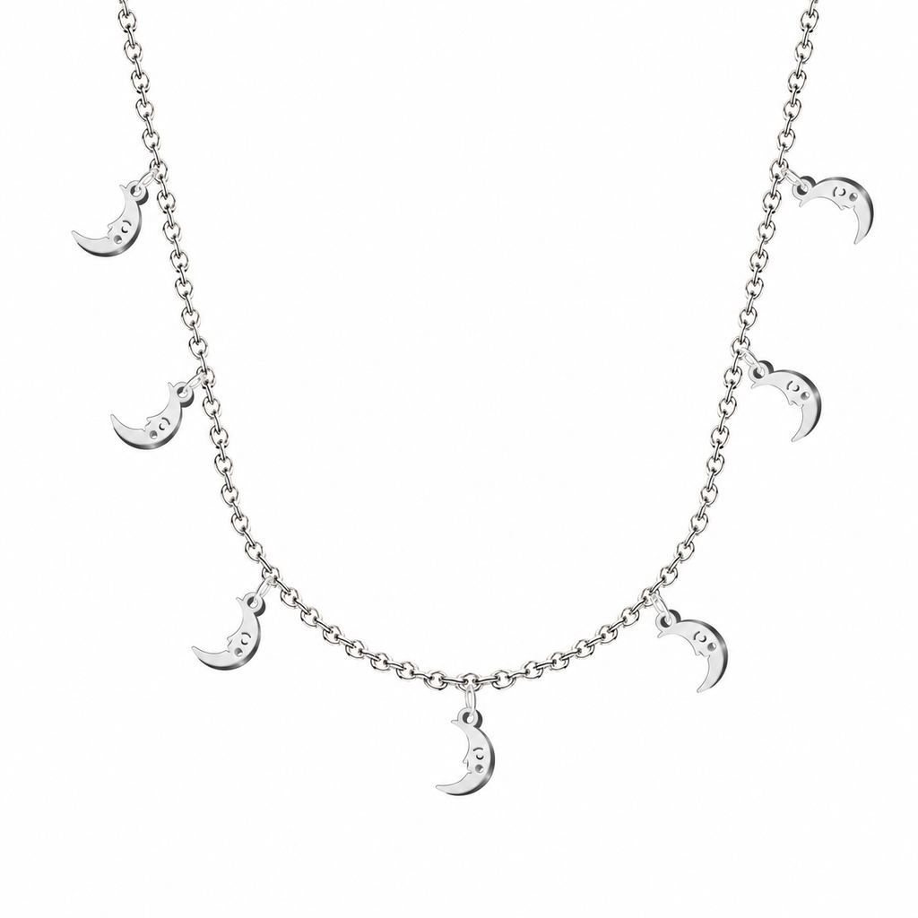 Collar con siete colgantes de luna en acero inoxidable plateado
