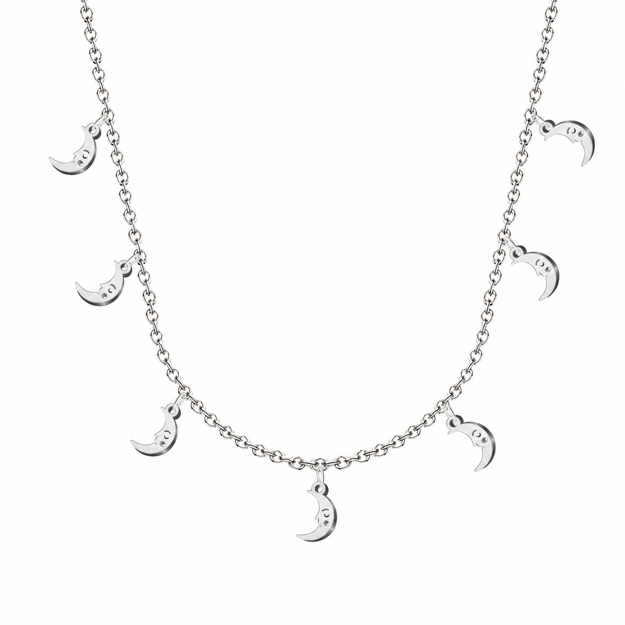 Collar con siete colgantes de luna en acero inoxidable plateado