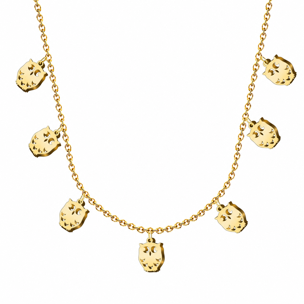 Collar con siete colgantes de búho dorados en acero inoxidable