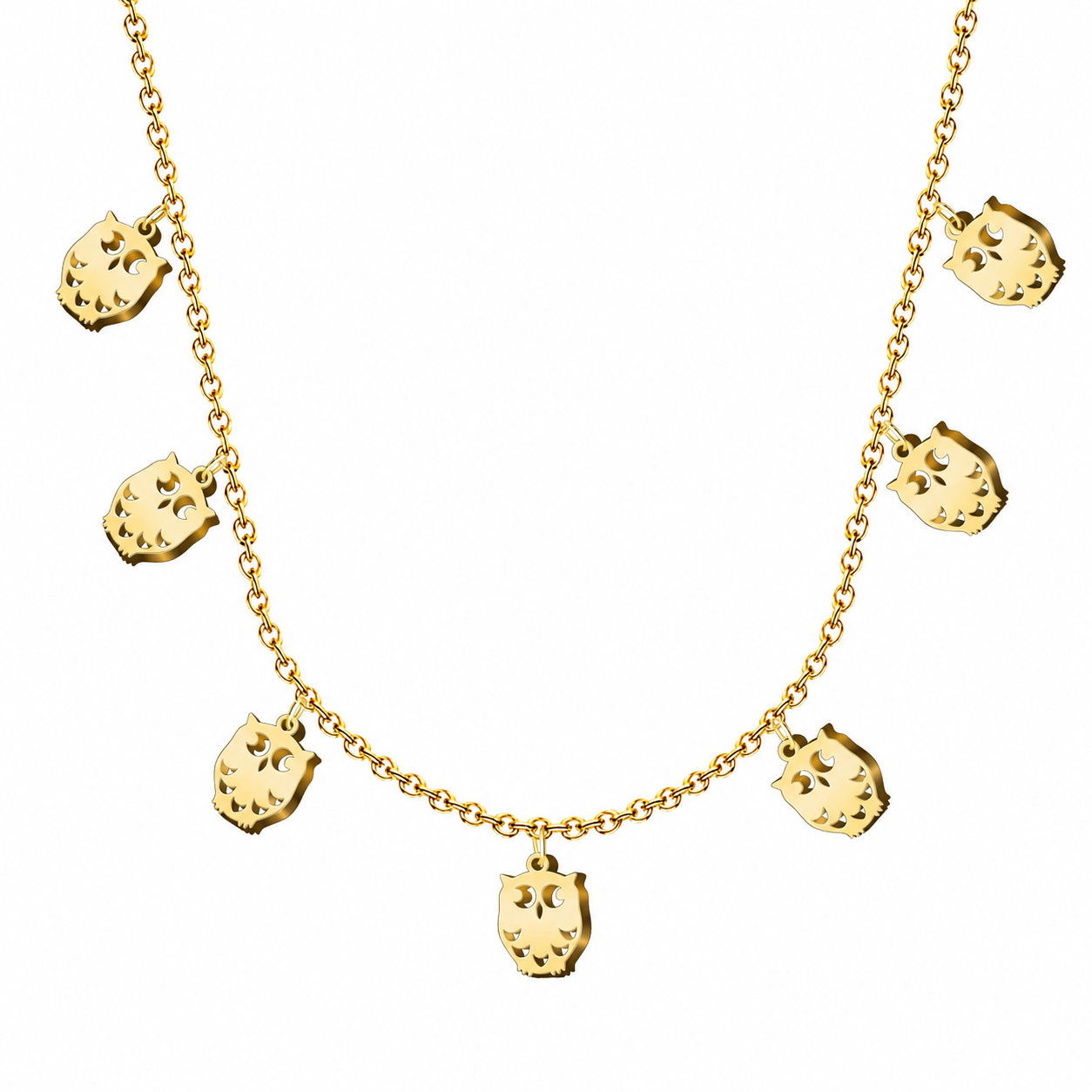 Collar con siete colgantes de búho dorados en acero inoxidable