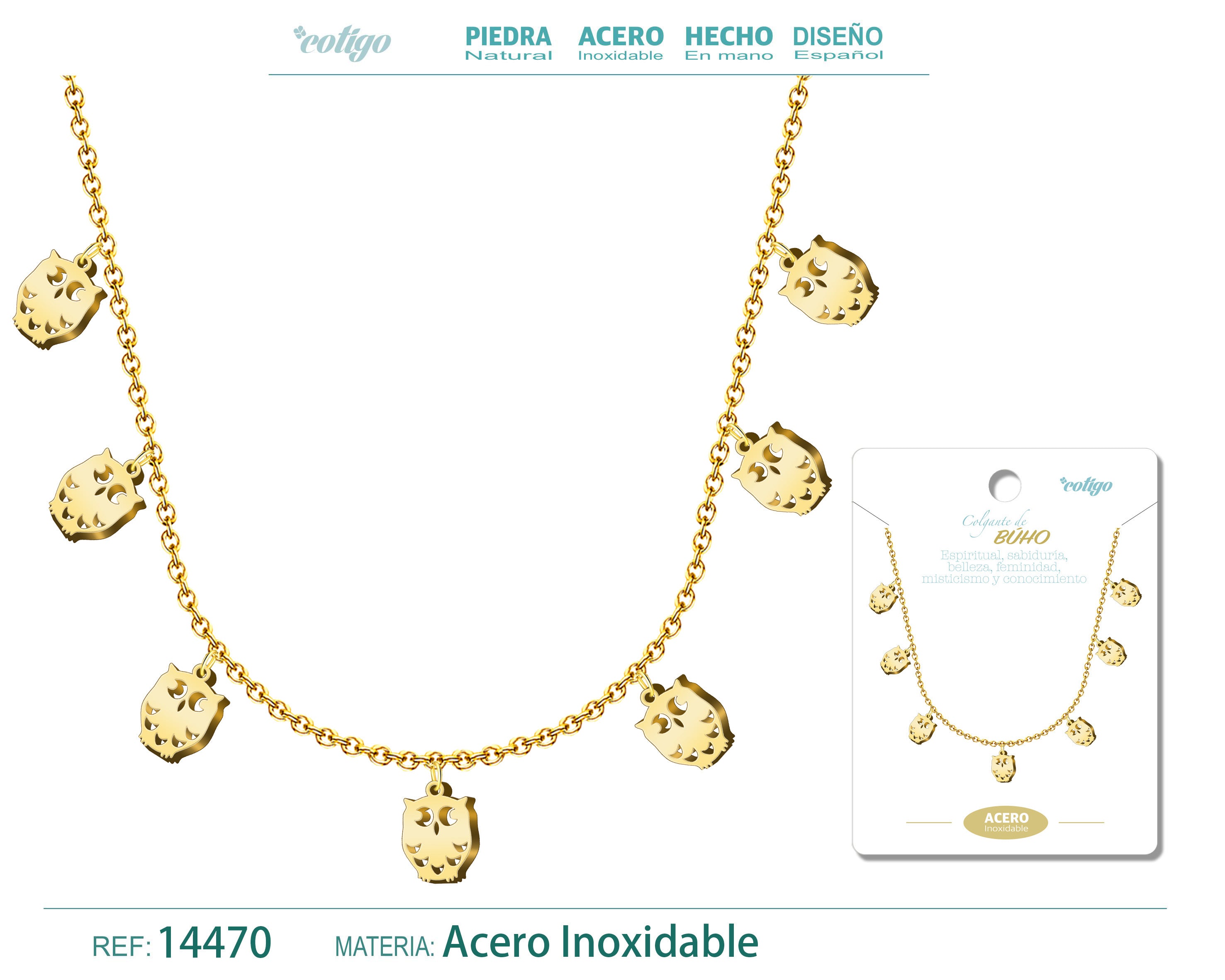 Collar con 7 Colgantes de Búho en Acero Inoxidable en acabado dorado – vista principal del diseño 7 colgantes de búho