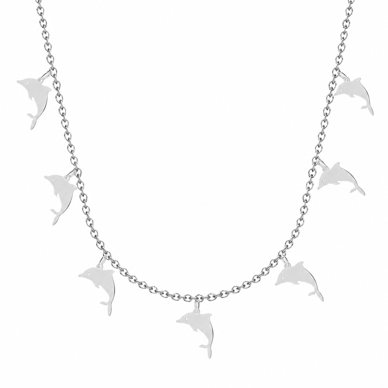 Collar con siete colgantes de delfín en acero inoxidable plateado
