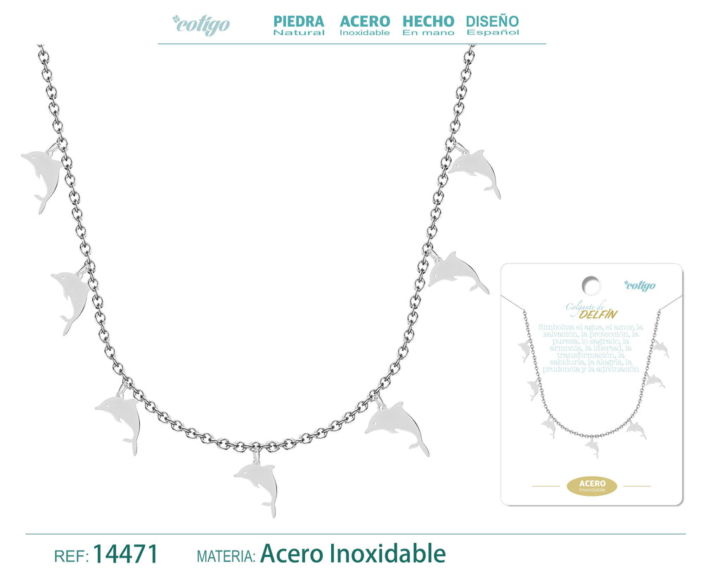 Collar con 7 Colgantes de Delfín en Acero Inoxidable en acabado plateado – vista principal del diseño 7 colgantes de delfín