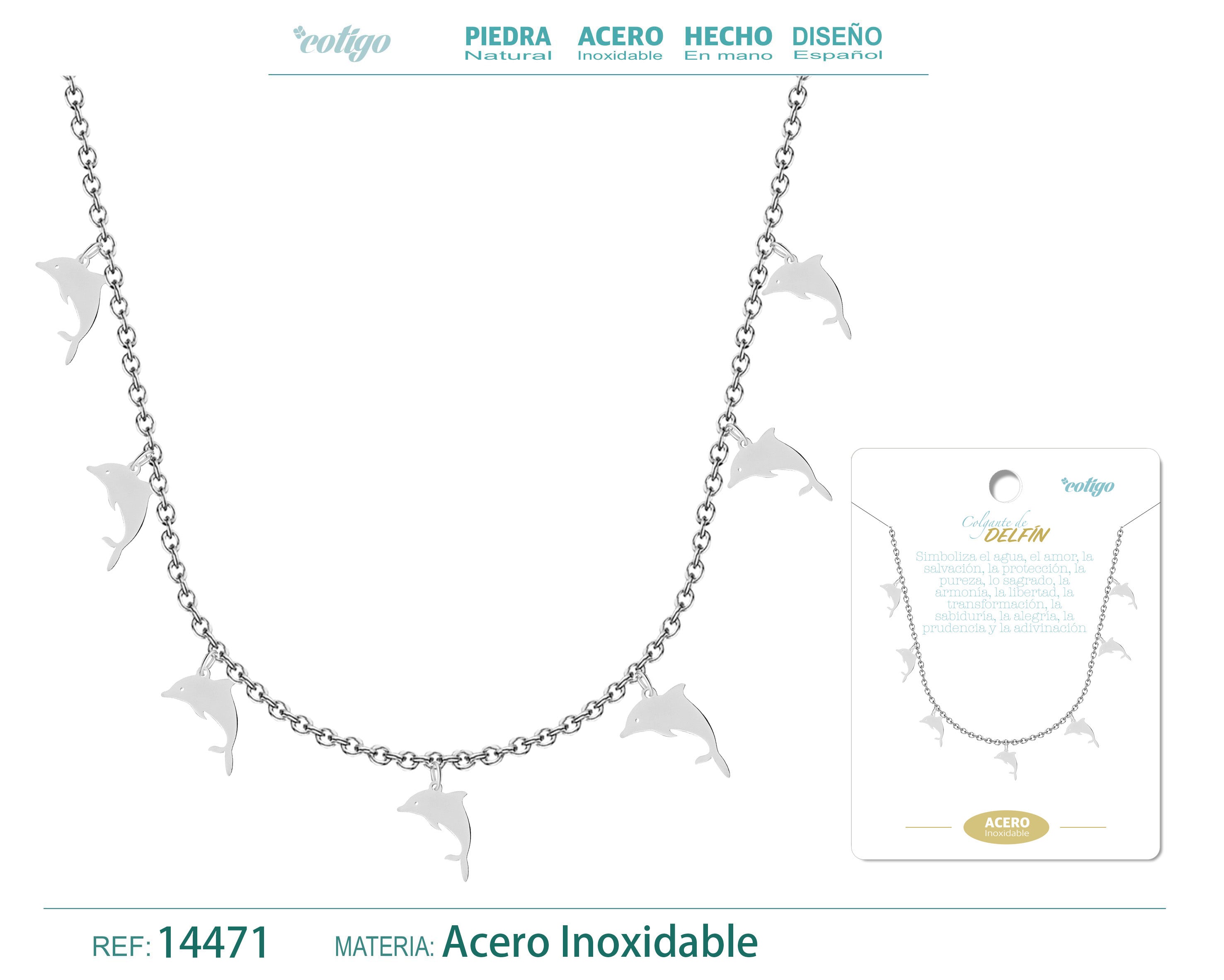 Collar con 7 Colgantes de Delfín en Acero Inoxidable en acabado plateado – vista principal del diseño 7 colgantes de delfín