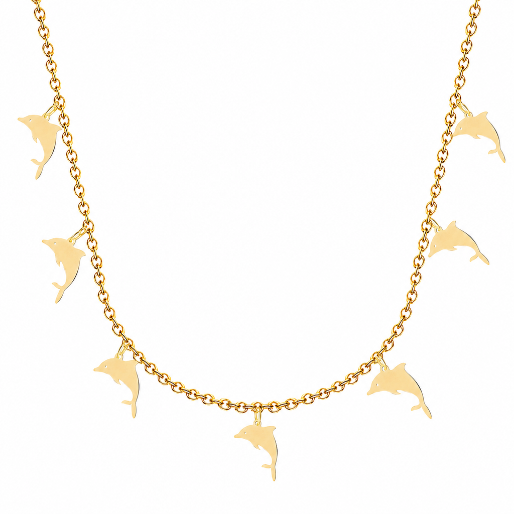 Collar con siete colgantes de delfín dorados en acero inoxidable