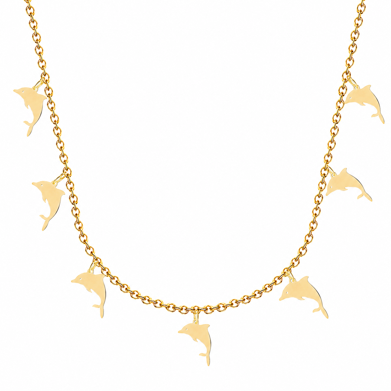 Collar con siete colgantes de delfín dorados en acero inoxidable
