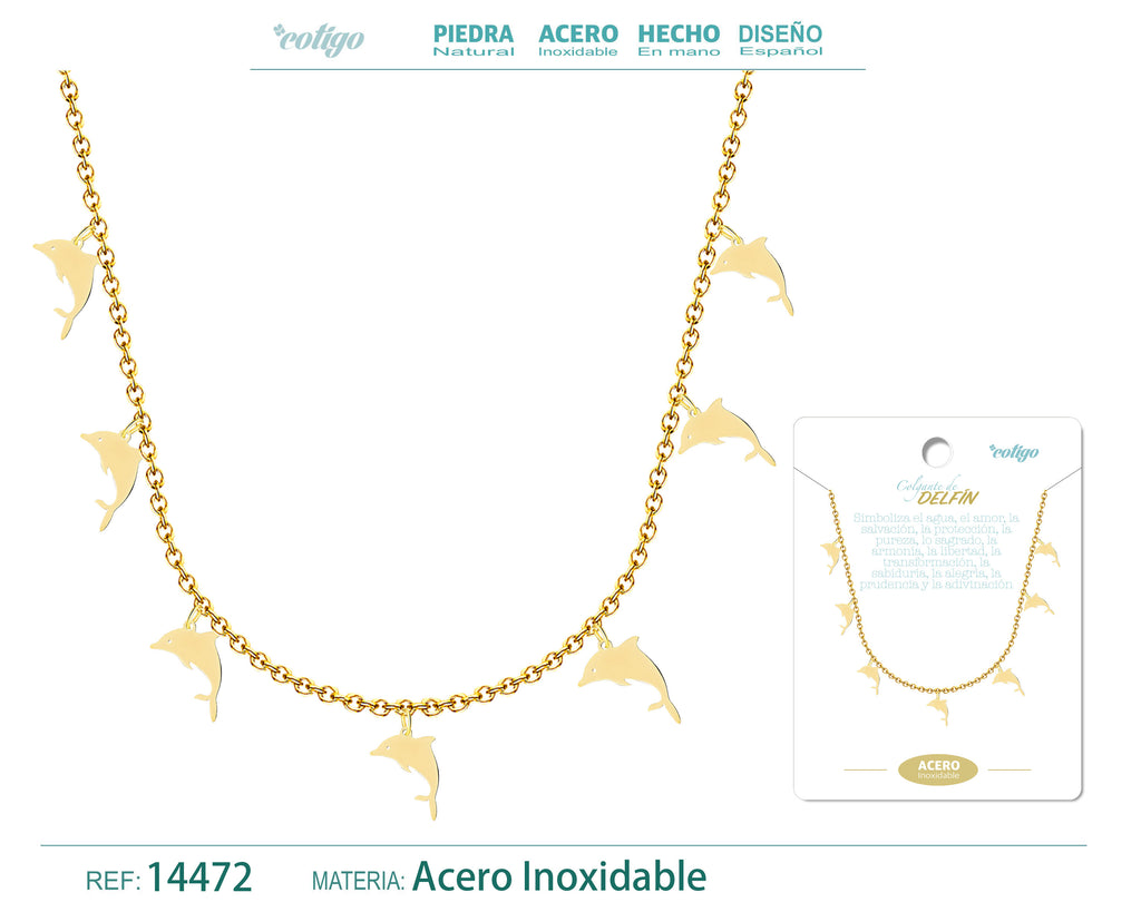 Collar con 7 Colgantes de Delfín en Acero Inoxidable en acabado dorado – vista principal del diseño 7 colgantes de delfín