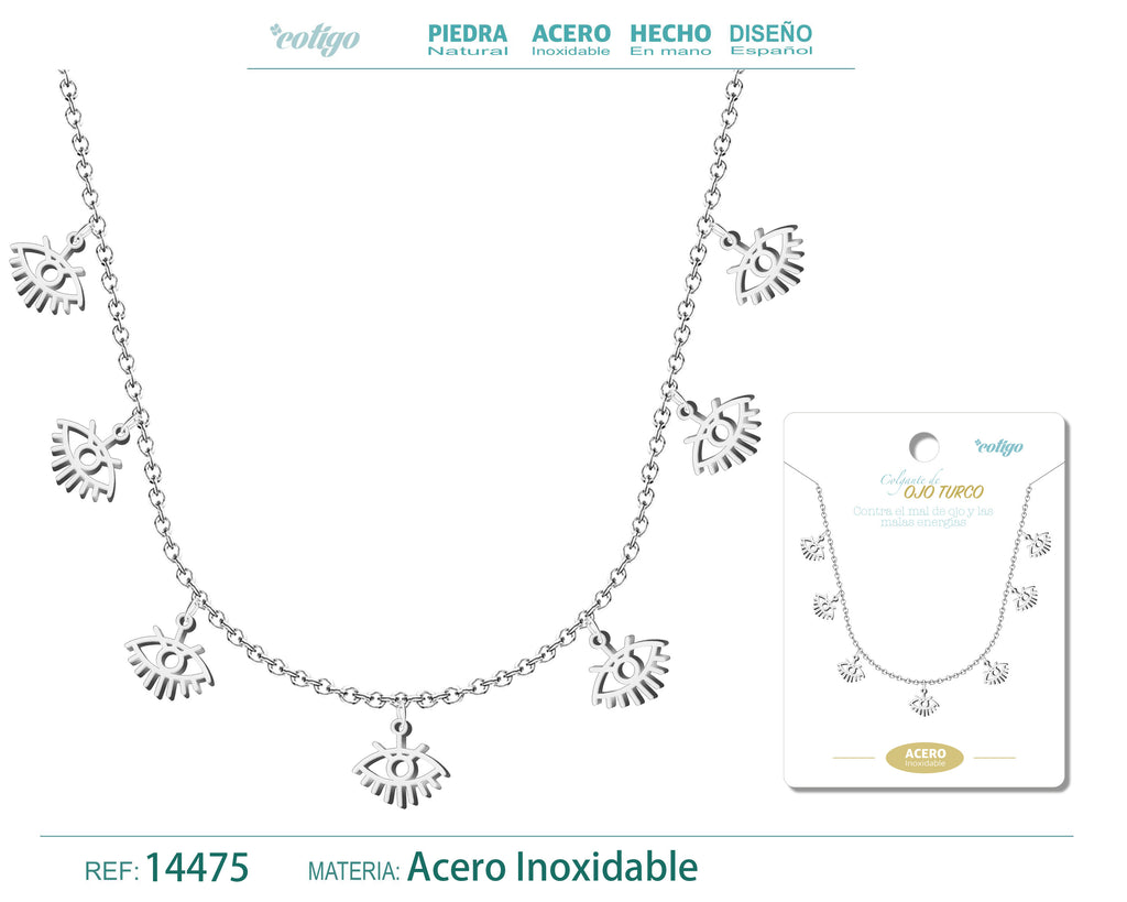 Collar con 7 Colgantes de Ojo Turco en Acero Inoxidable – vista principal del diseño 7 colgantes de ojo turco