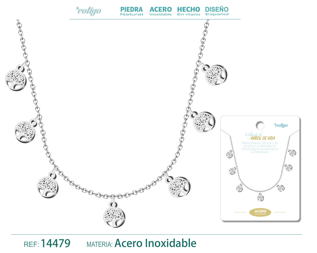 Collar con 7 Colgantes de Árbol de la Vida en Acero Inoxidable – vista principal del diseño 7 colgantes de árbol de la vida
