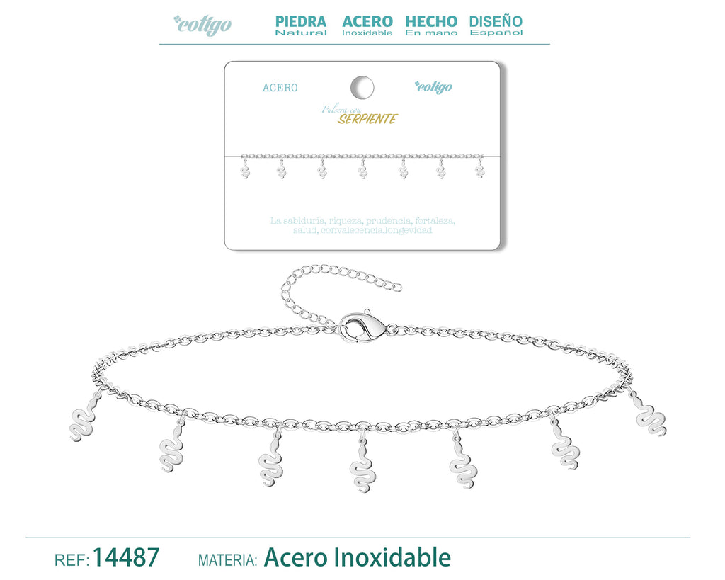 Pulsera con 7 Colgantes de Serpiente en Acero Inoxidable – vista principal del diseño 7 colgantes de serpiente