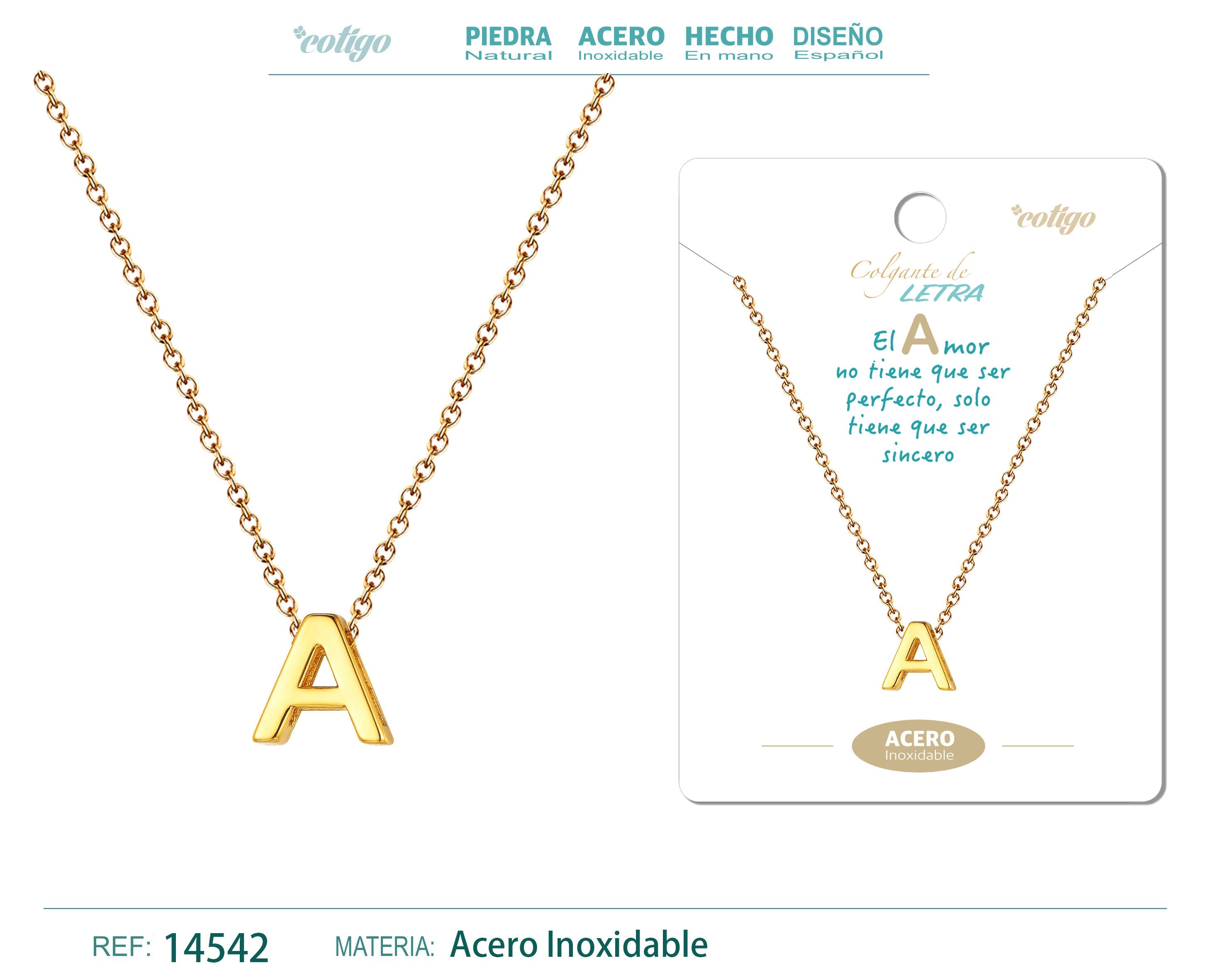Collar Letra A Acero color Dorado - cotigo