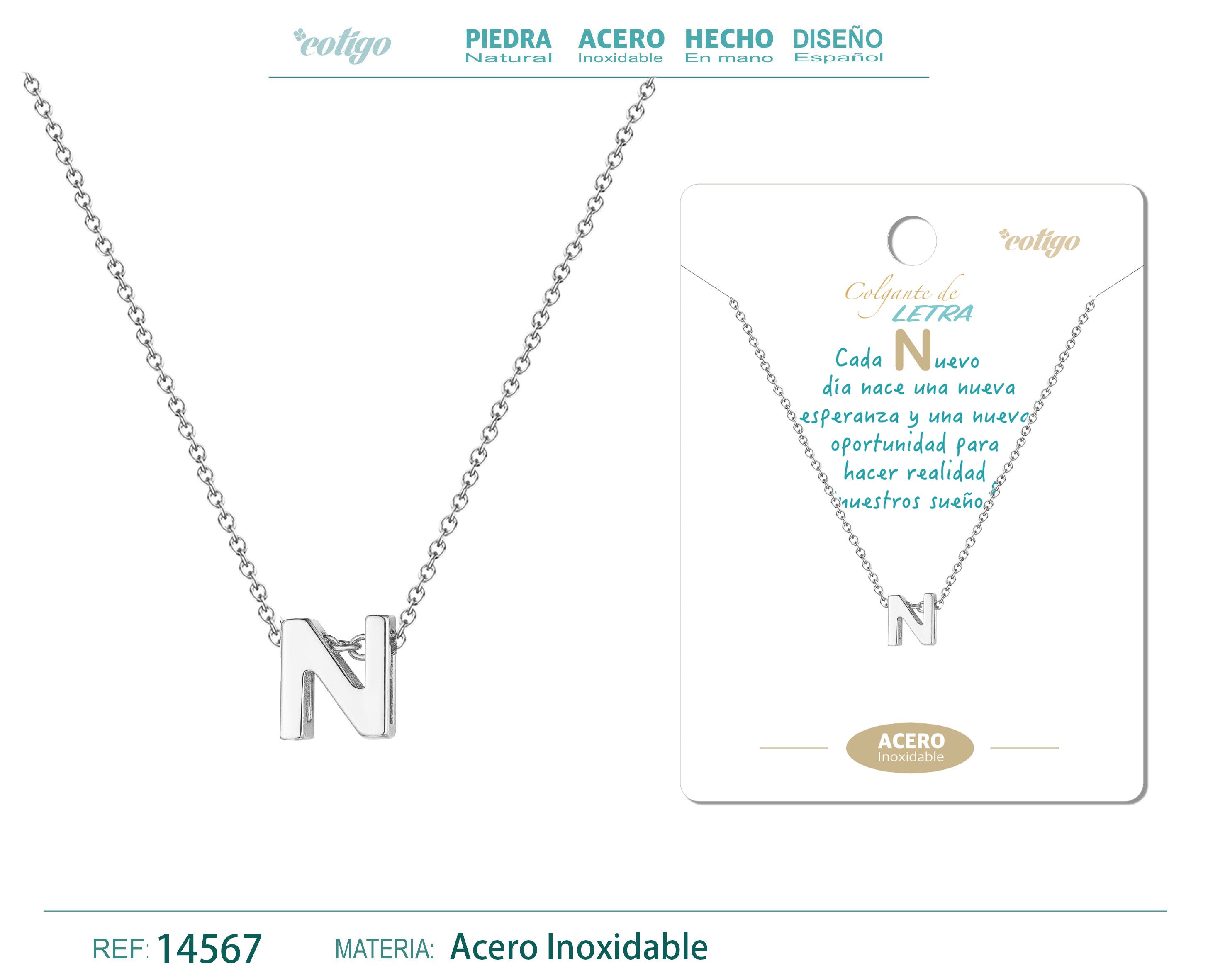 Collar Letra N Acero color Plateado - cotigo