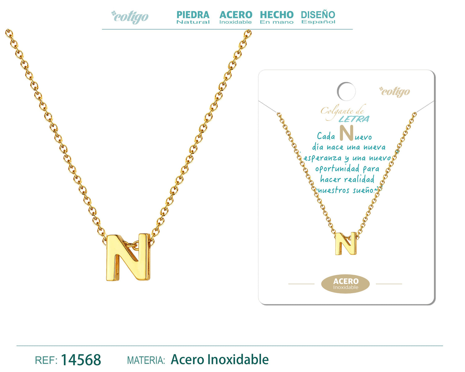 Collar Letra N Acero color Dorado - cotigo