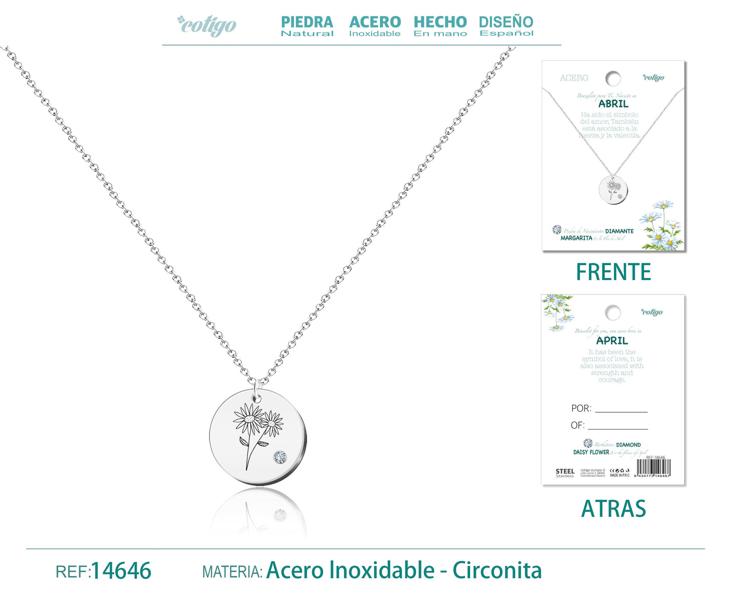 14646-Collar Acero para Nacimiento de Abril Plateado