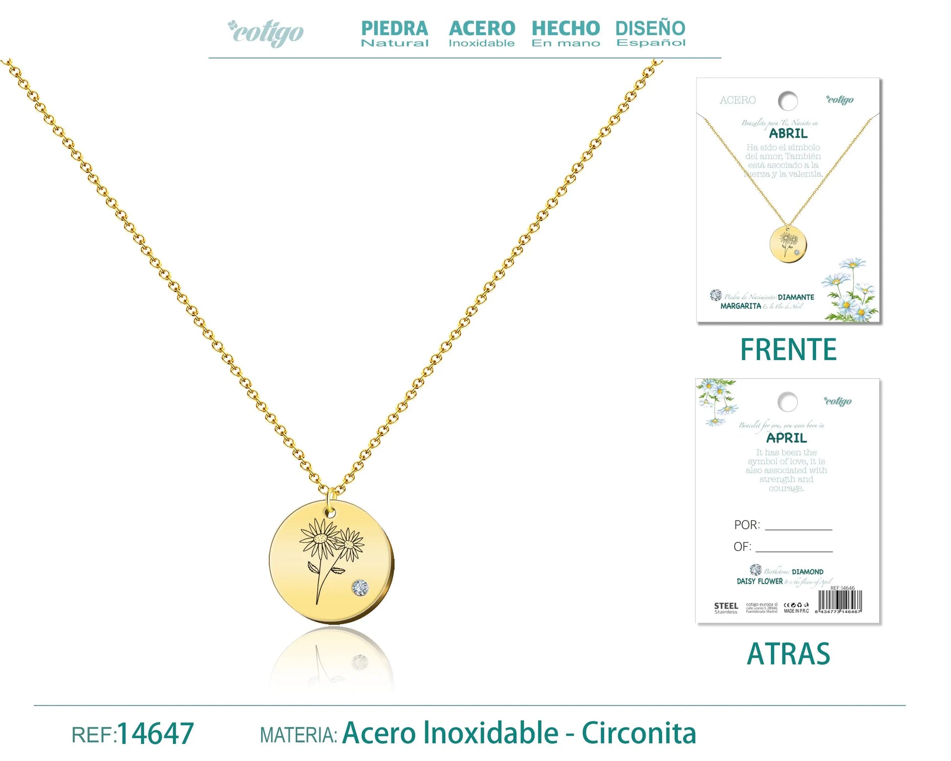 Collar Acero para Nacimiento de Abril Dorado - cotigo