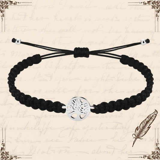 Pulsera Hilo Destino Negro-Arbol de Vida Plateado