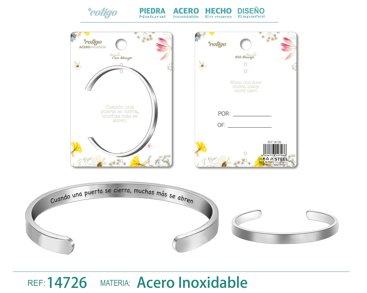 14726-Pulseira de aço com mensagem em espanhol