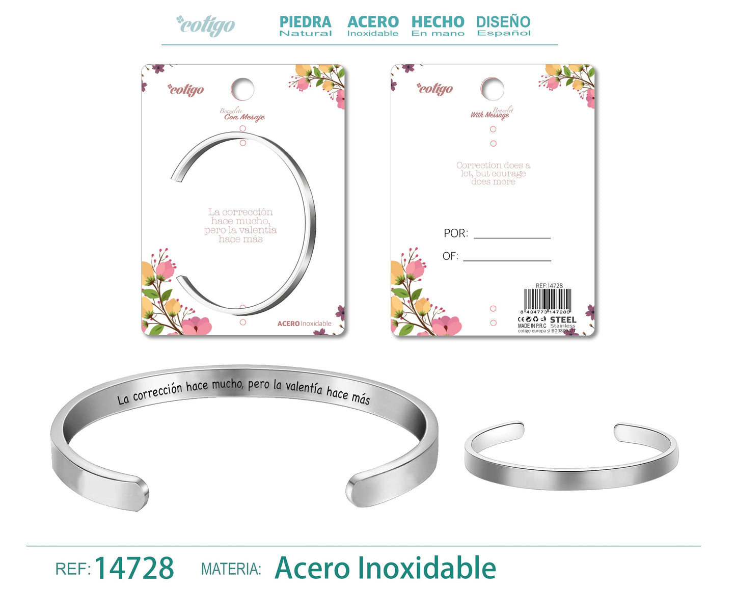 14728-Pulseira de aço com mensagem em espanhol