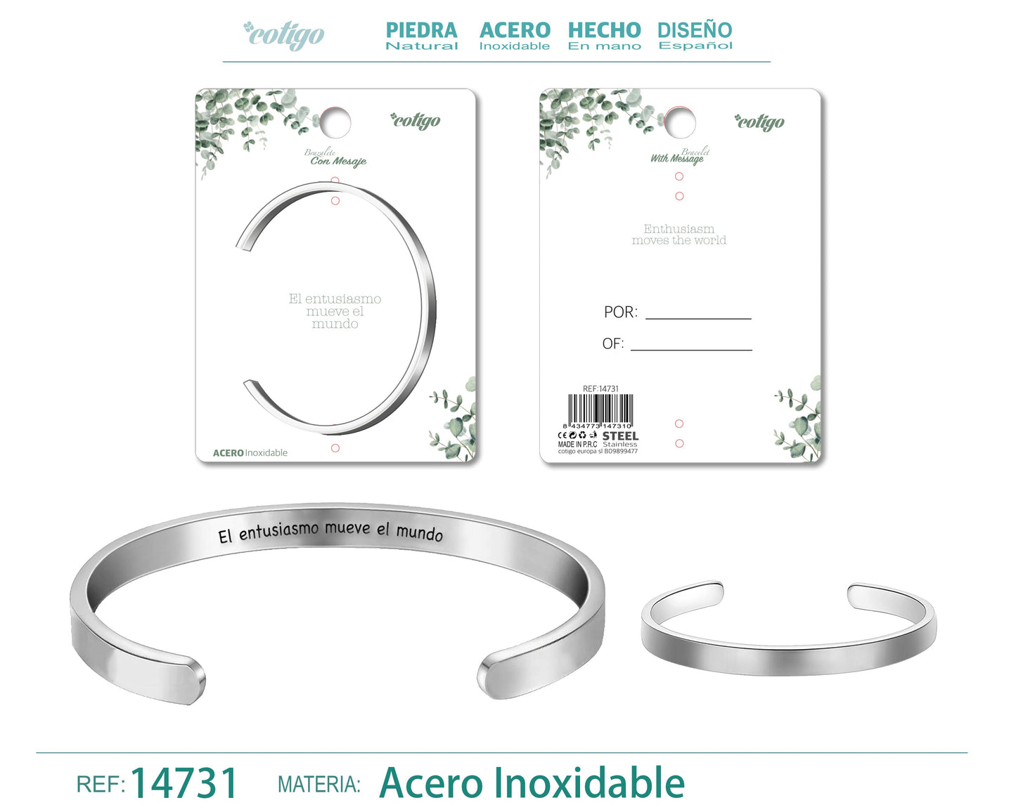 14731-Pulseira de aço com mensagem em espanhol