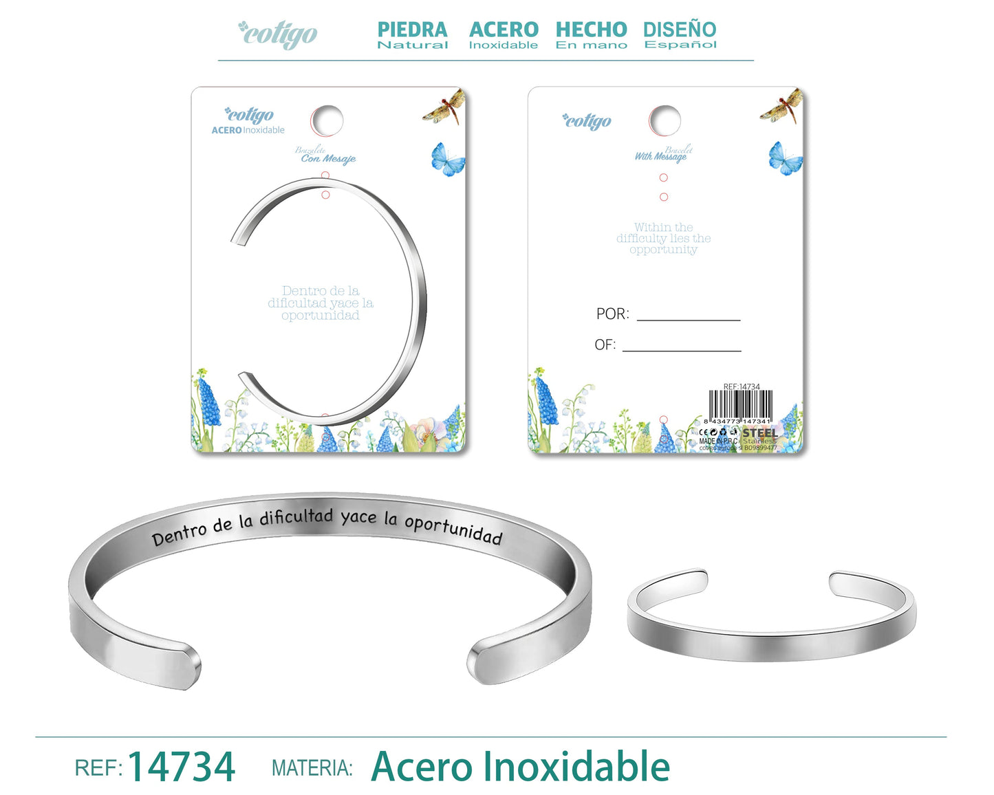 14734-Brazalete Acero con Mensaje Español