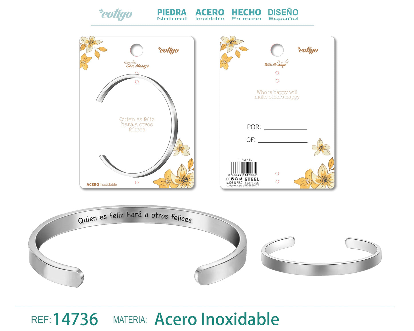 14736-Pulseira de aço com mensagem em espanhol