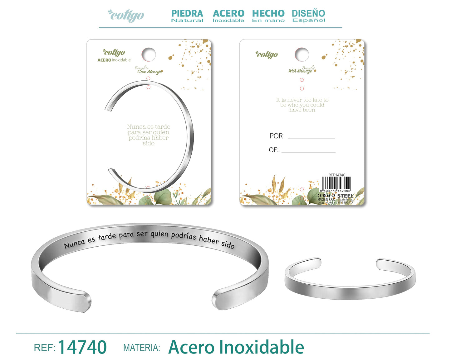 14740-Pulseira de aço com mensagem em espanhol