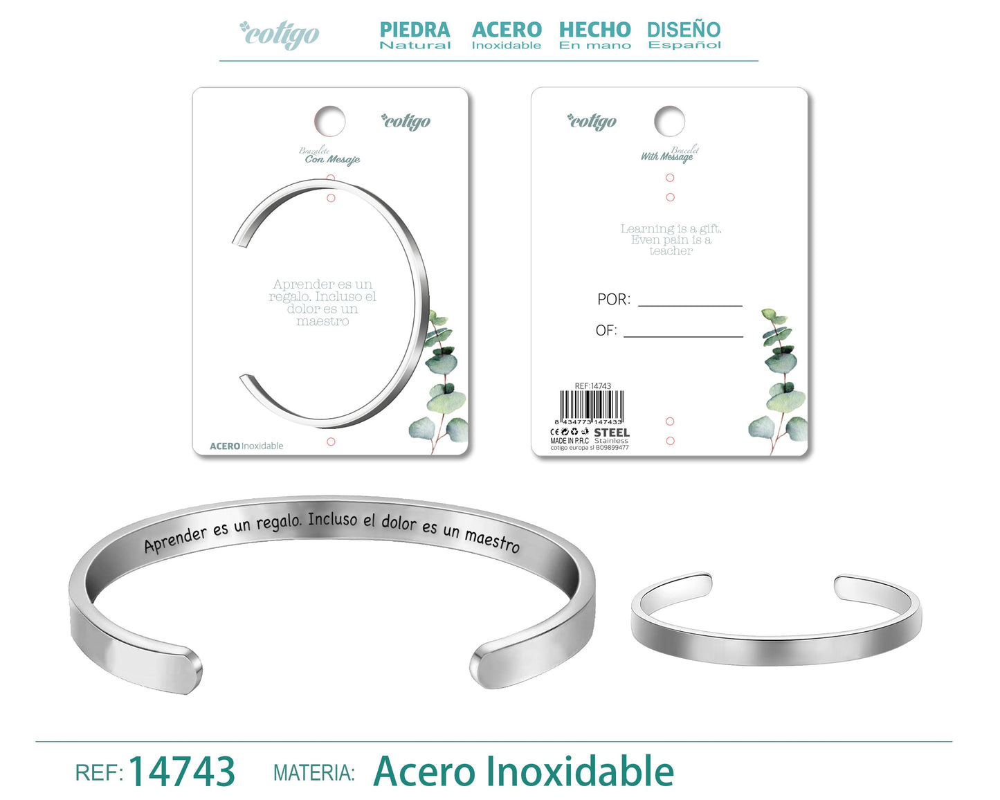 14743-Pulseira de aço com mensagem em espanhol
