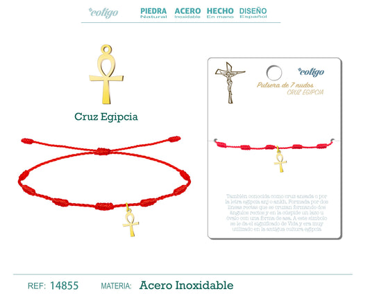 Pulsera 7 Nudos con Cruz Egiptica color Dorado