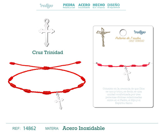 Pulsera 7 Nudos con Cruz Trinidad color Plateado
