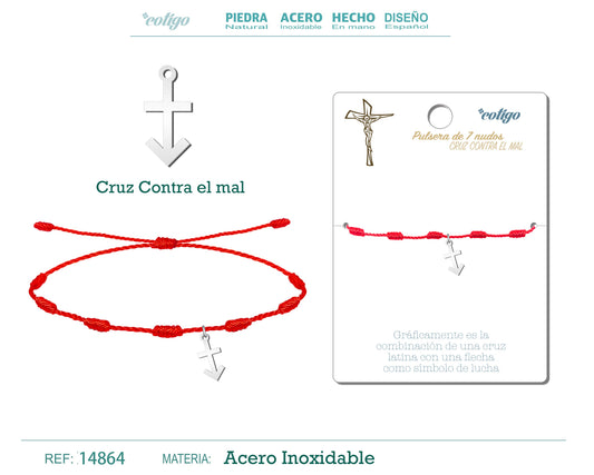 Pulsera 7 Nudos con Cruz Contra el mal color Plateado