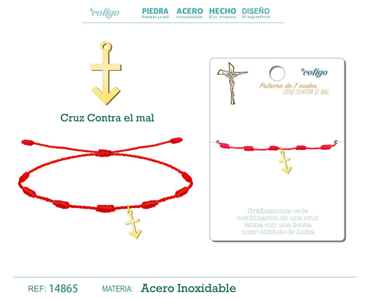 Pulsera 7 Nudos con Cruz Contra el mal color Dorado