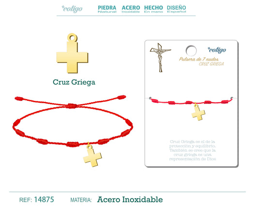 Pulsera 7 Nudos con Cruz Griega color Dorado