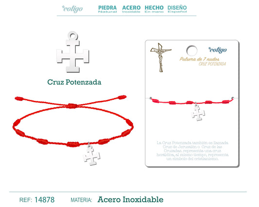 Pulsera 7 Nudos con Cruz Potenzada color Plateado