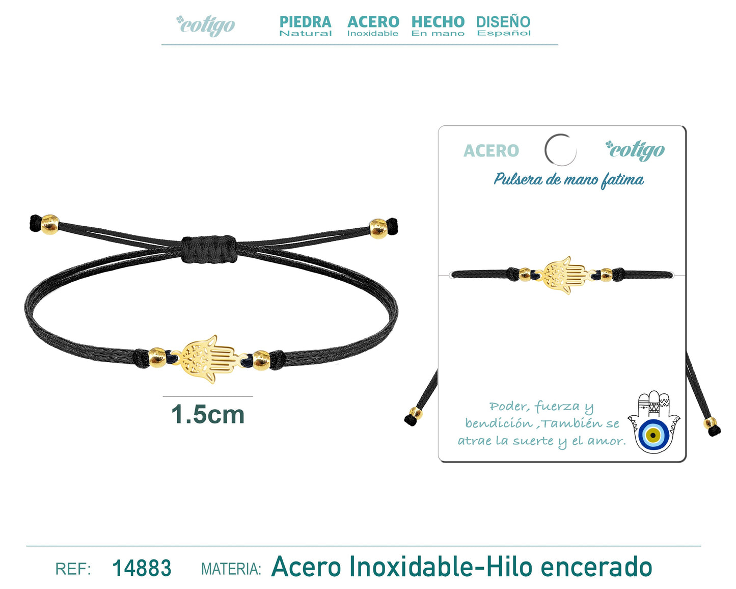 Pulsera Hilo encerado Negro-Mano Fatima Dorado