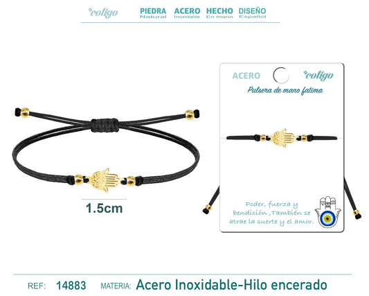 Pulsera Hilo encerado Negro-Mano Fatima Dorado