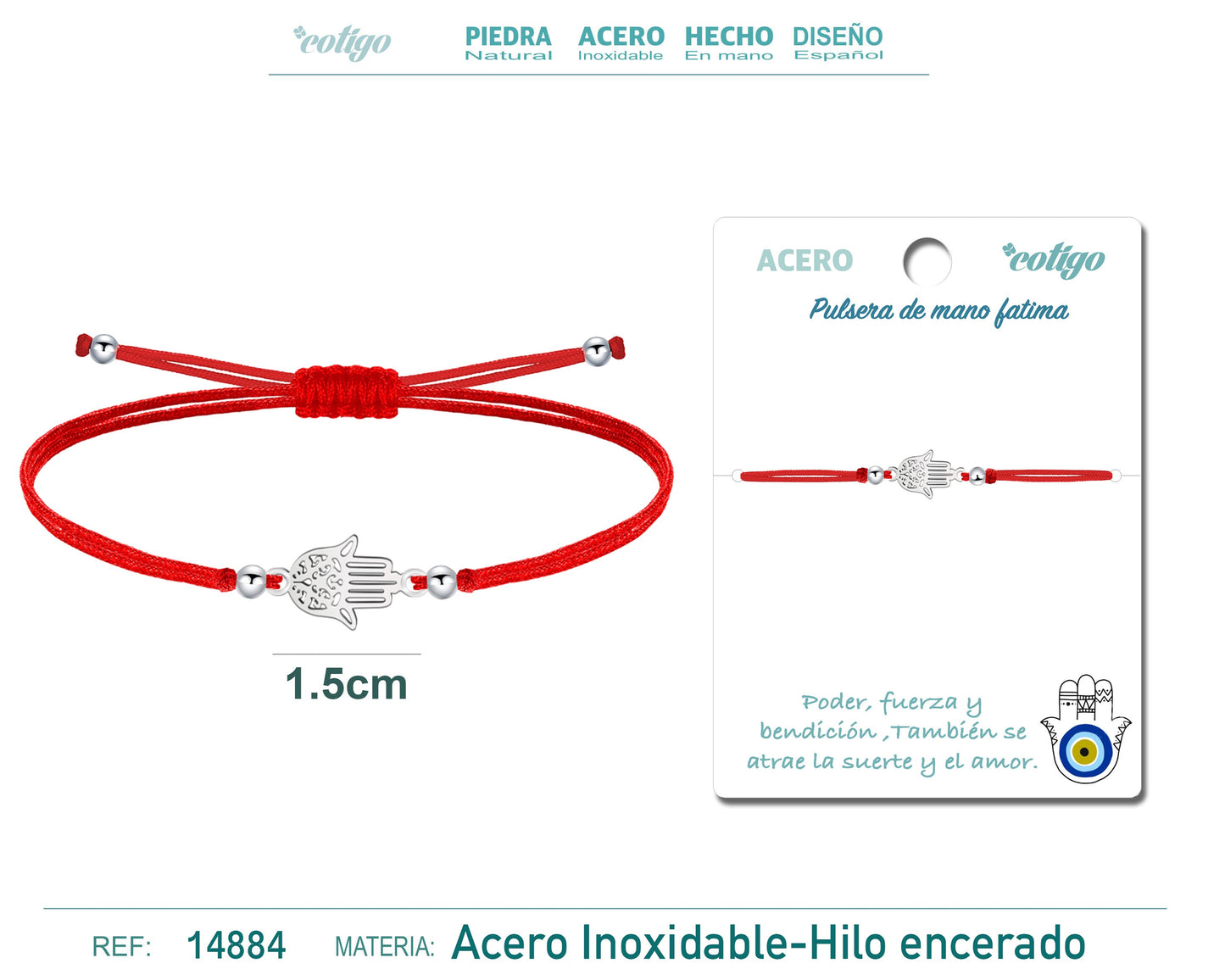 Pulsera Hilo encerado Rojo-Mano Fatima Plateado