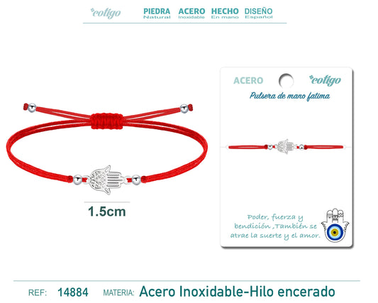 Pulsera Hilo encerado Rojo-Mano Fatima Plateado